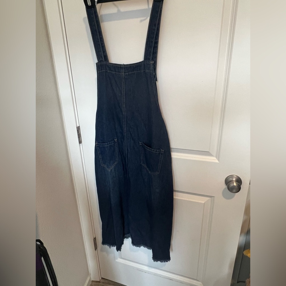 Dark Blue Denim Overall Jumper Dress with Buttons. - Picture 2 of 3